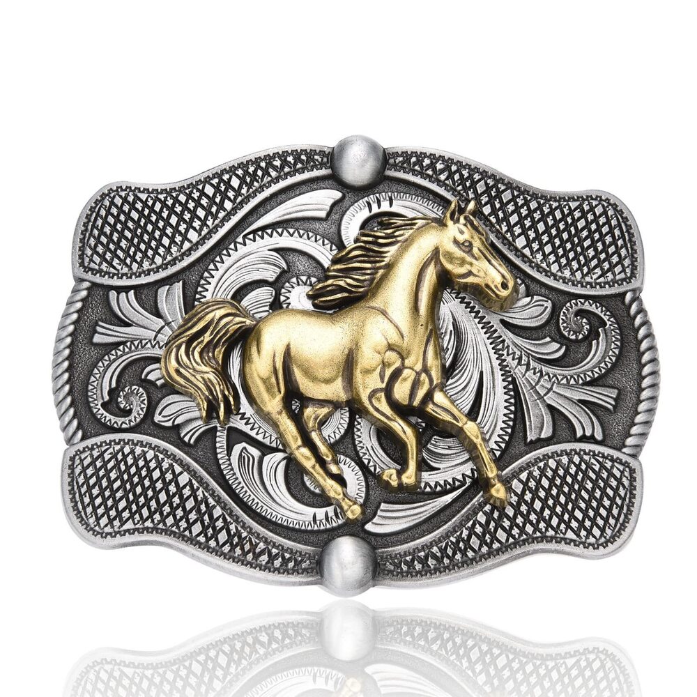 4532 Horse Western Belt Buckle , Cowboy Running Horse Floral Engraved Texas